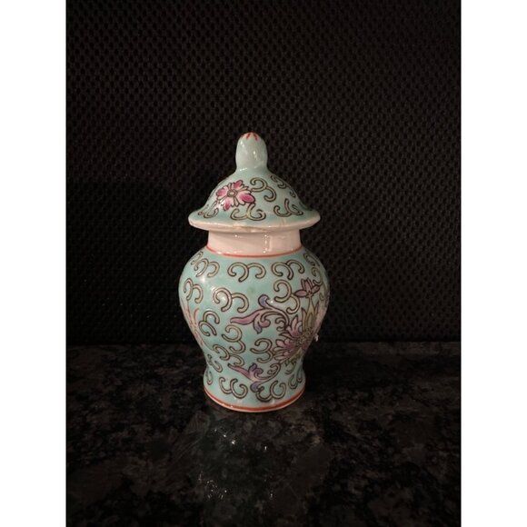 Small Decorative Porcelain Jar With Lid & Floral Motif - Mint Green Pink & White - Picture 2 of 8